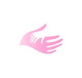 Child hand in mother hand vector icon. Pediatrician abstract logo template. Flat tender pink palm silhouette, abstract