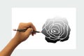 Child hand is ready for drawing black  rose flower with black pencil. Isolated on white table background Royalty Free Stock Photo