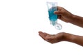 Child hand using hand skin sanitizer gel tube for washing hand isolated on white background. Health awareness for pandemic.