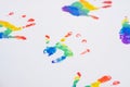 Child handprints of rainbow colors, on white sheet of paper Royalty Free Stock Photo