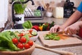 Child hands chopping vegetables on cutting board - the lettuce l