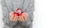 Child hands holding red Christmas balls. White background, copy space, bokeh effect. Royalty Free Stock Photo