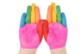 Child hands painted in colorful paints ready for hand prints Royalty Free Stock Photo