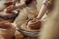 Child hands working on pottery wheel at workshop Royalty Free Stock Photo