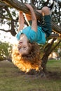 Child hanging upside down on tree. Little boy child on a tree branch. Kid climbs a tree.
