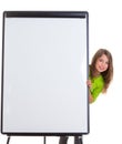 Child happy girl with blank flip chart white copy space Royalty Free Stock Photo