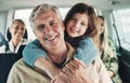 Child, happy grandfather and road trip in car for family travel with smile in motor transportation. Trip, love and relax Royalty Free Stock Photo