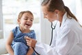 Child, happy pediatrician and stethoscope for healthcare consulting, check lungs and listening to heartbeat. Woman Royalty Free Stock Photo