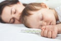 Child has a high temperature or fever, using a thermometer Royalty Free Stock Photo