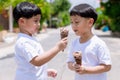 Child have enjoy for eating chocolate ice cream. Little boy eating an ice cream outdoors