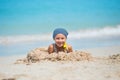 Child having fun at the beach, Cute girl playful in the sunny day, tropical beach.Playing with the sand and waves sea Royalty Free Stock Photo