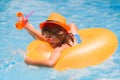 Child having fun in summertime. Summer holidays and vacation with kids. Child floating in pool. Child relaxing in pool Royalty Free Stock Photo