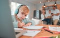 Child, headphones and drawing in kitchen at laptop in home for online class, distance studying or virtual learning help