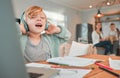 Child, headphones and homework or music sing at laptop for distance learning, virtual class or notebook. Kid, academic