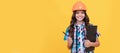 child in helmet hold project. construction documents. signing a contract. Child builder in helmet horizontal poster Royalty Free Stock Photo