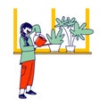 Child Helper Watering Home Plant in Flowerpot on Windowsill from Watering Can. Gardening Hobby