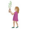 The girl carries a tree sprout for planting, a volunteer plants trees. Vector illustration