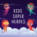 Child hero. Brave superhero kids. Courage baby power. Happy school people fly in night sky. Party invitation card Royalty Free Stock Photo