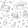 Child and his things outline illustration seamless patternon white background