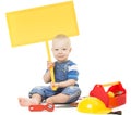 Child holding Banner Sign, Baby Boy Playing Toys Tools, White Royalty Free Stock Photo