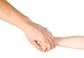 Child holding father`s hand isolated