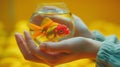 Child holding a fishbowl with a goldfish in a vibrant yellow setting Royalty Free Stock Photo