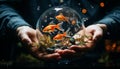 Child holding goldfish in fish tank underwater generated by AI