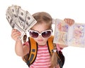 Child holding international passport and money.