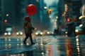 Child Walking in Rain With Red Balloon. Generative AI. Royalty Free Stock Photo