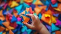 A child holding a small origami paper star in their hand, AI