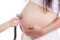 Child holding stethascope to pregnant belly Royalty Free Stock Photo