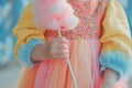 A child holding a stick of cotton candy over their face