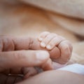 The child holds an adult finger. Royalty Free Stock Photo