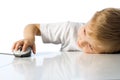 Child holds the computer mouse Royalty Free Stock Photo