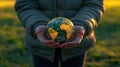 Child holds Earth globe sunset field environmental campaign Royalty Free Stock Photo