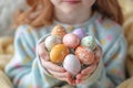 Child holds Easter eggs, focus on colorful holiday tradition Royalty Free Stock Photo