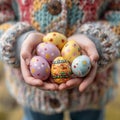Child holds Easter eggs, focus on colorful holiday tradition Royalty Free Stock Photo