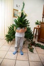 Child holds in hand part of Christmas tree