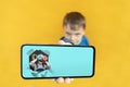 child holds the phone in his hand for advertising on a yellow background. Color