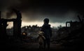 A child holds a teddy bear in his left hand and stands in the ruins of a destroyed city