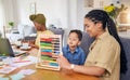 Child, homework help and math with mom in home with counting on abacus for development growth. Young boy, student and Royalty Free Stock Photo