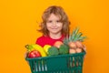 Child with hopping basket, isolated on yellow background. Shopping grocery. Child with shopping basket and grocery. Kids