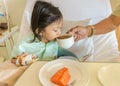 Child Hospital Patient Eat and Drink Helped by Father Royalty Free Stock Photo