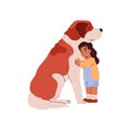 Child hugging a huge dog characters for ESA, flat vector illustration isolated.