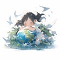 A child hugging planet Earth. A young girl playing with the globe Royalty Free Stock Photo