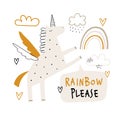 Child illustration with cute unicorn and hand drawn text. Vector funny animal for baby graphic suit printing. Kid print