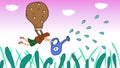 Child illustration. Flying Fairy fairy watering plants in a Balloon. Multicolored background image modern
