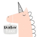 Child illustration with cute pink unicorn and hand drawn text. Vector funny animal for baby graphic suit printing. Kid