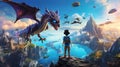 A child immersed in a virtual reality world where they are flying on the back of a majestic dragon over a breathtaking landscape