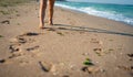 Child is jumping on the beach. Sand and sea in Bulgaria Royalty Free Stock Photo